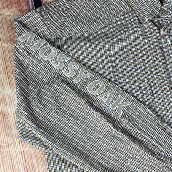 Mossy Oak Shirt Mens Large Brown Button Plaid Long Sleeve Embroidered Logo Spell - Picture 3 of 9